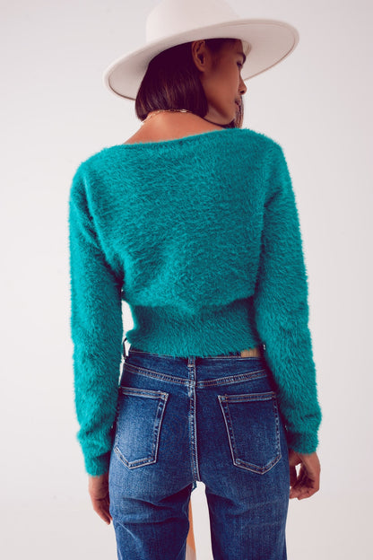 Fluffy v neck knit jumper in green