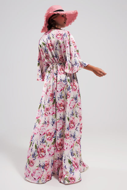 Flutter sleeve maxi dress in pink floral print