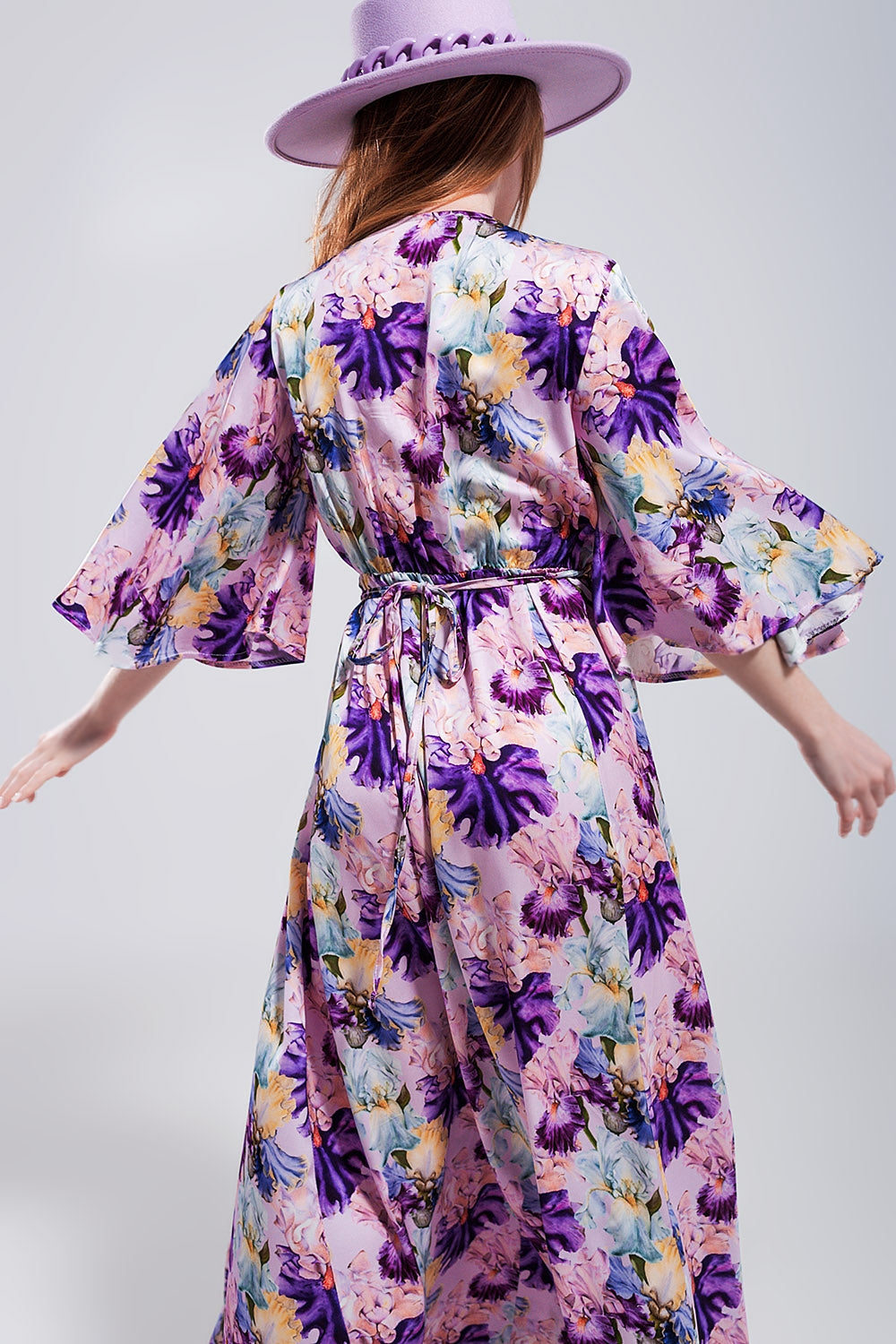 Flutter sleeve maxi dress in purple floral print