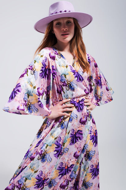 Flutter sleeve maxi dress in purple floral print