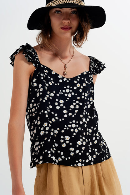 Frill strap cami top in black ditsy floral print