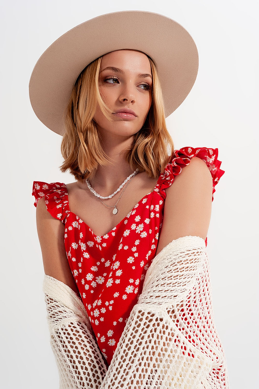 Frill strap cami top in red ditsy floral print