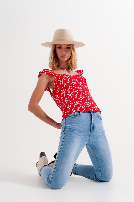 Q2 Frill strap cami top in red ditsy floral print