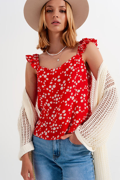 Frill strap cami top in red ditsy floral print