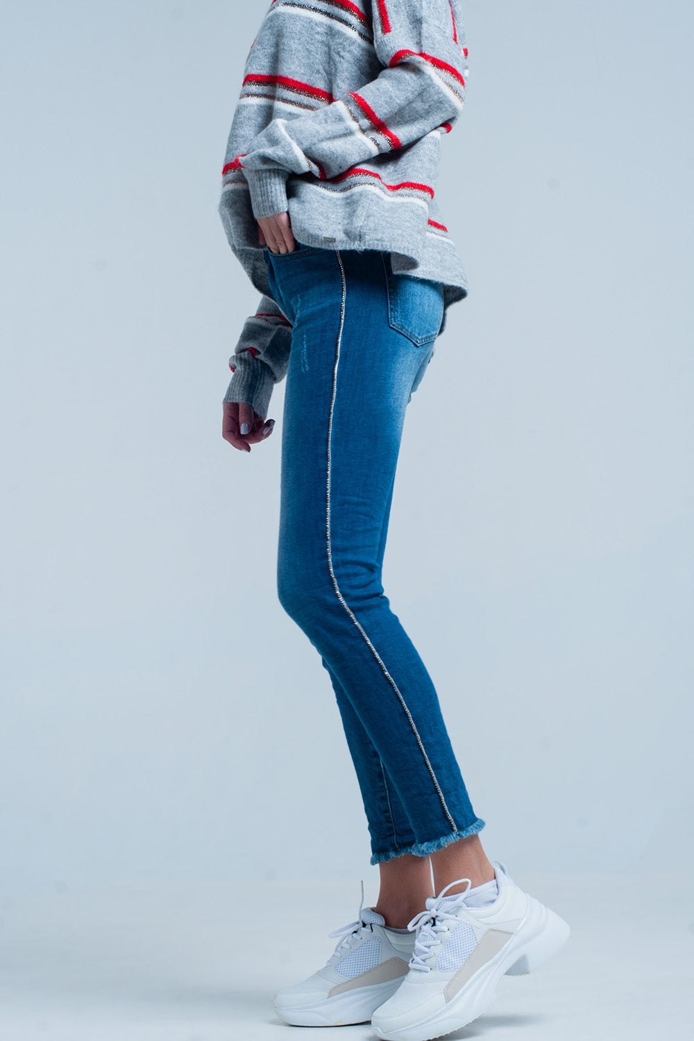 Q2 Fringed Skinny Jeans with Strass Side Stripe