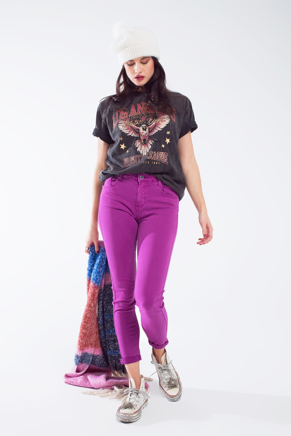 Fuchsia ankle super skinny jeans with soft wrinkles