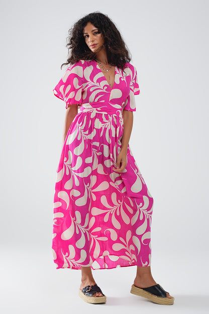 Q2 Fuchsia Floral Print Maxi Dress With Open Back