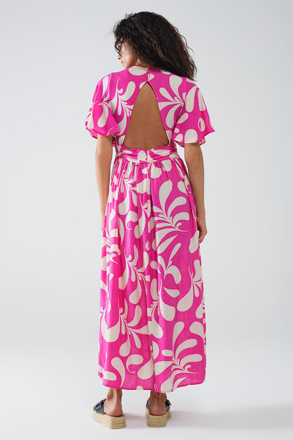 Fuchsia Floral Print Maxi Dress With Open Back