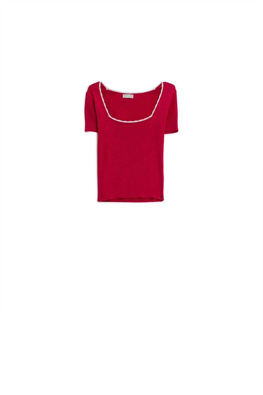 Fuchsia Knitted Short Sleeve Sweater With Square Neck and  White Trim