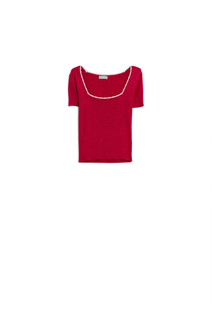 Fuchsia Knitted Short Sleeve Sweater With Square Neck and  White Trim