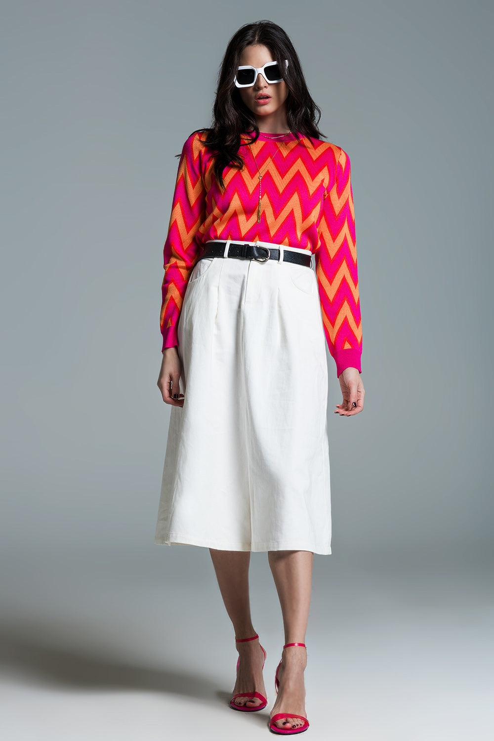 Fuchsia  sweater with  zig zag print with orange details