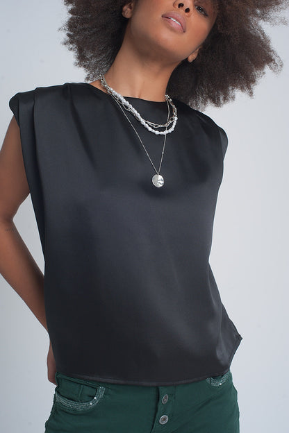 Gathered satin shoulder pad sleeveless top in black