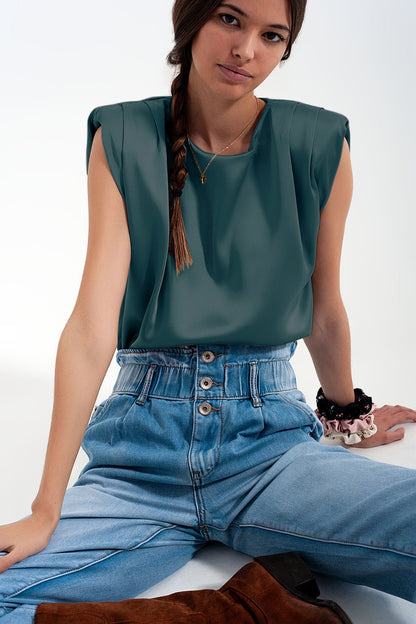 Gathered satin shoulder pad sleeveless top in green