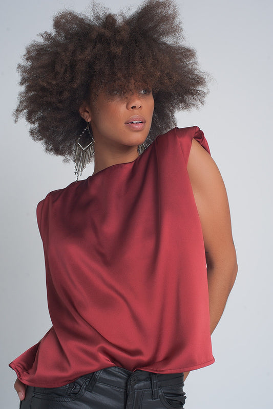 Q2 Gathered satin shoulder pad sleeveless top in red