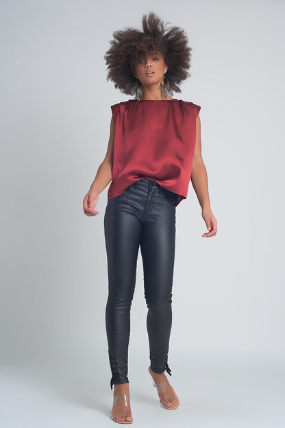 Gathered satin shoulder pad sleeveless top in red