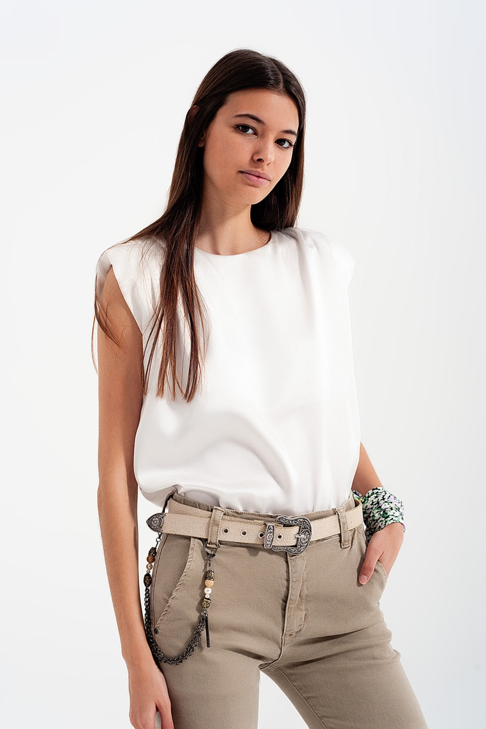 Gathered satin shoulder pad sleeveless top in white