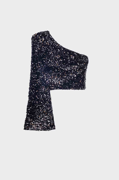 Q2 Glitter sequins top with one shoulder in black