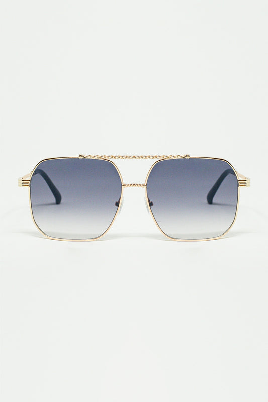 Q2 gold square frame sunglasses in ombre blue