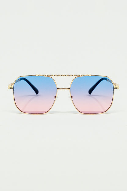 Q2 gold square frame sunglasses in ombre light blue with pink