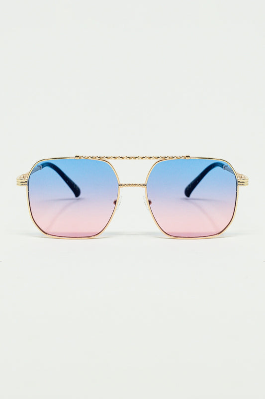 Q2 gold square frame sunglasses in ombre light blue with pink