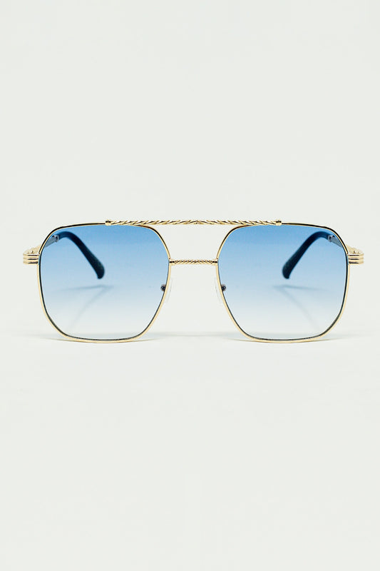 Q2 gold square frame sunglasses in ombre light blue