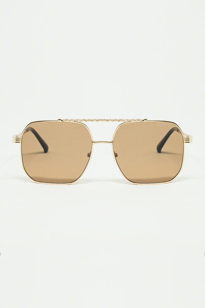 Q2 gold square frame sunglasses with brown lenses