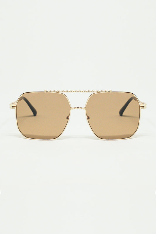 Q2 gold square frame sunglasses with brown lenses