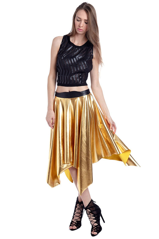 Q2 Golden pleated midi skirt in metallic