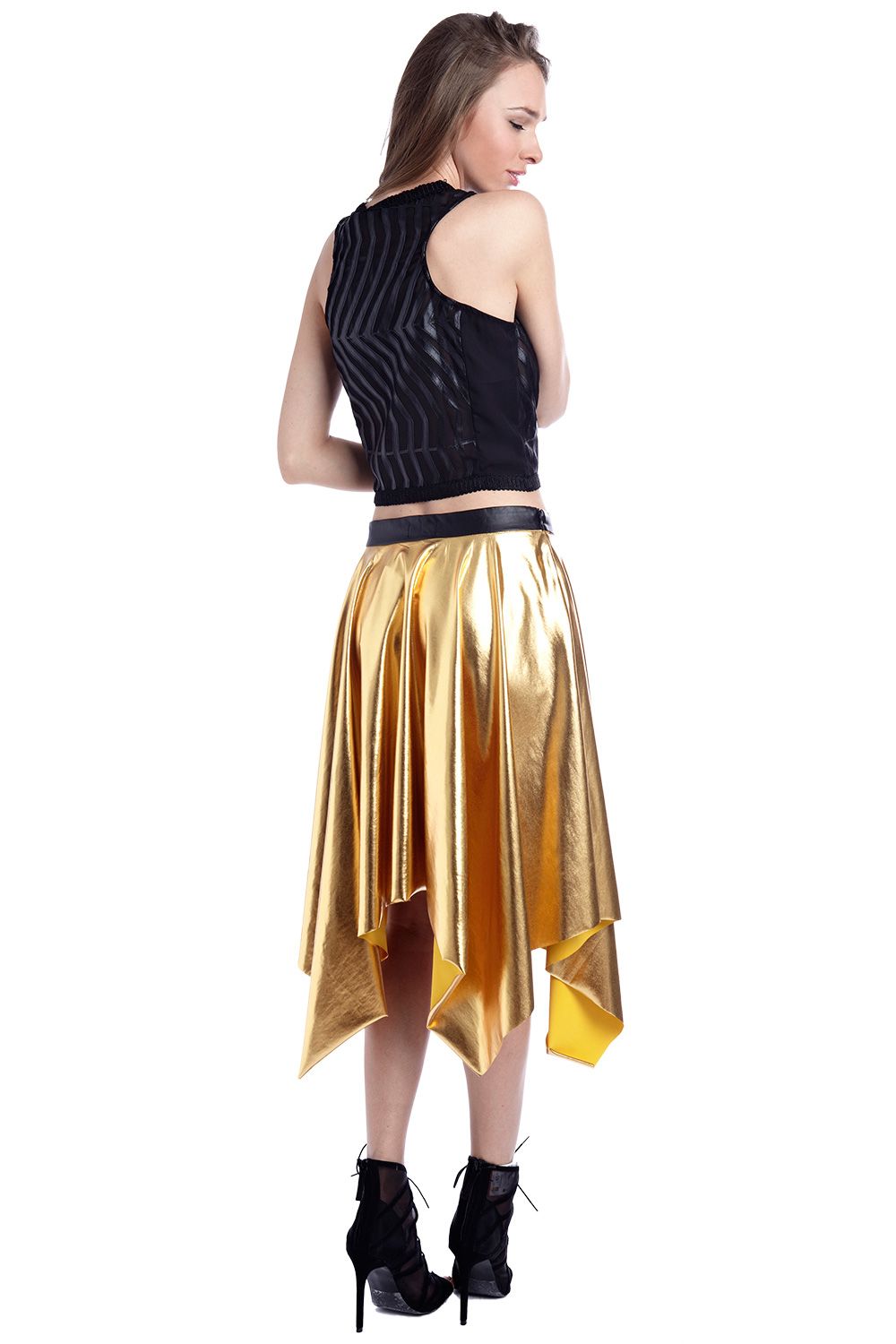 Golden pleated midi skirt in metallic