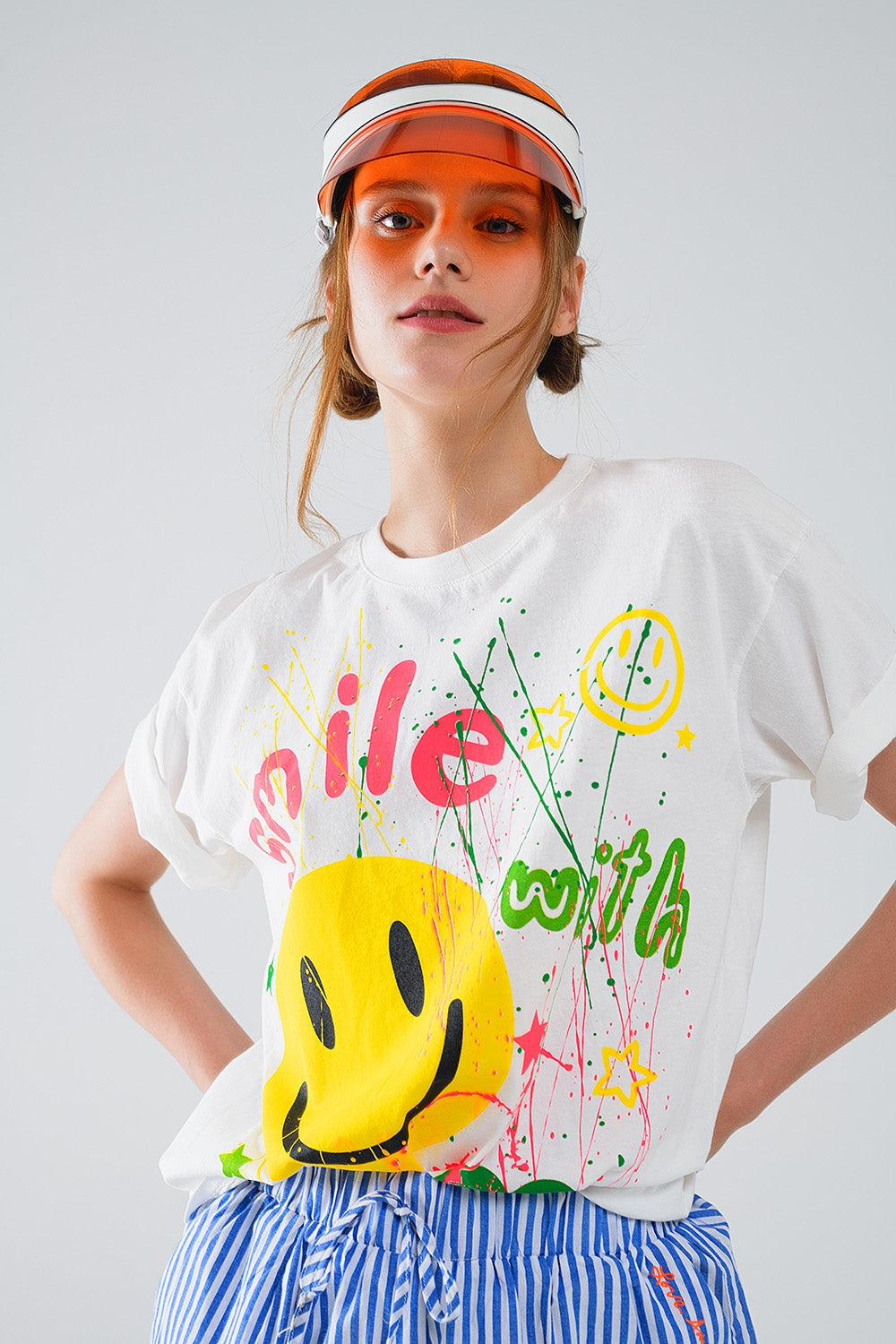 Q2 Graphic Smile with me Text T-Shirt in White