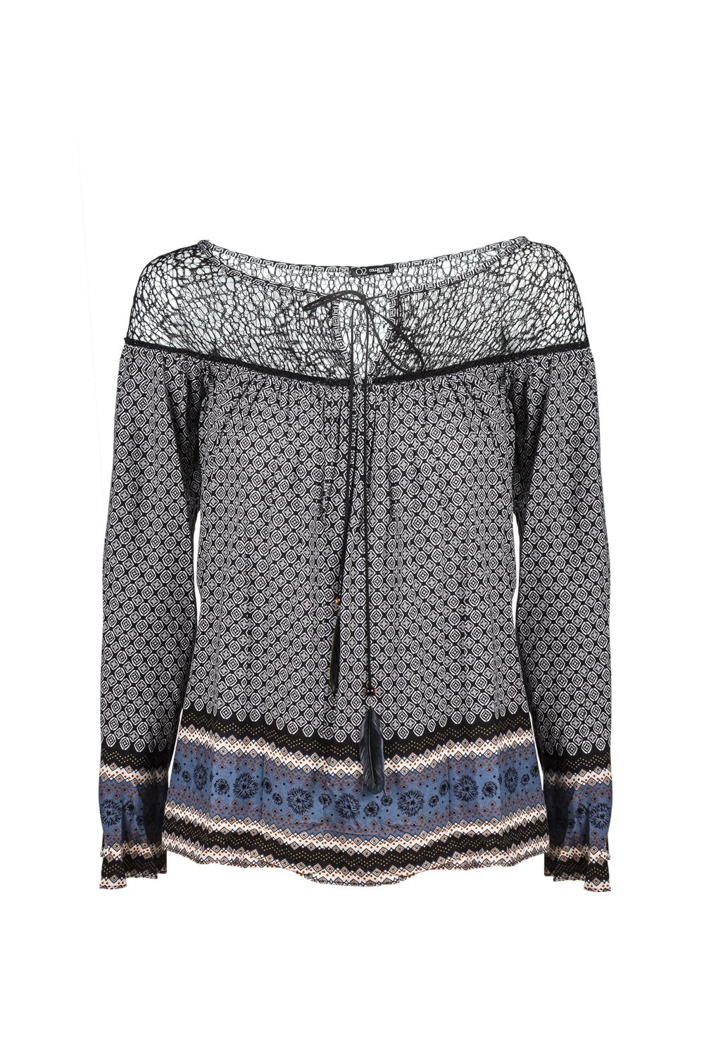 Gray paisley print blouse with cage detail