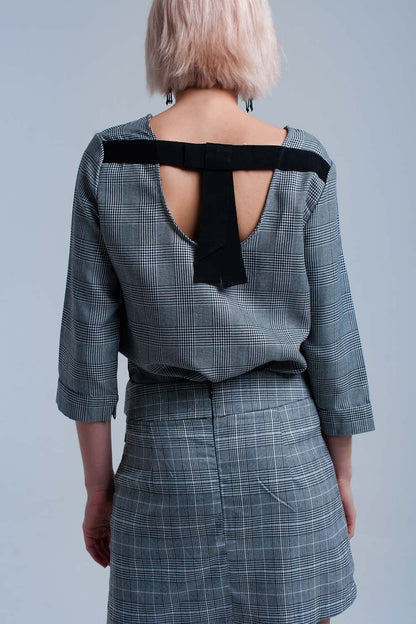 Gray tartan pattern top with ribbons