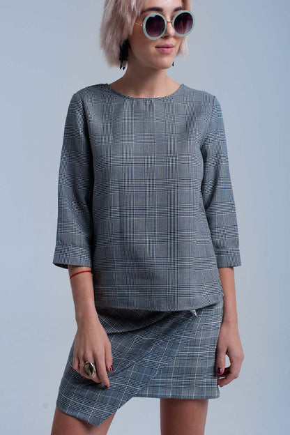 Gray tartan pattern top with ribbons