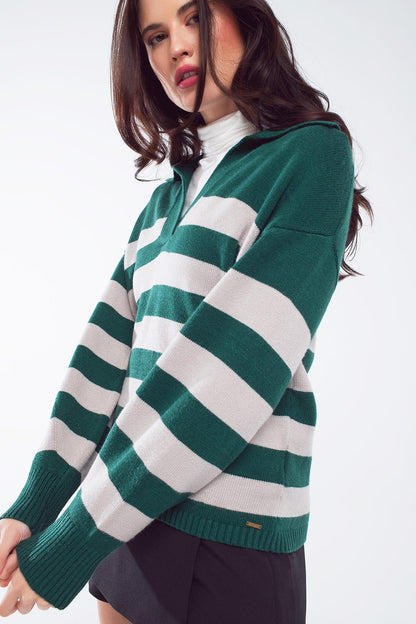 Green and white striped sweater with V neck and polo collar