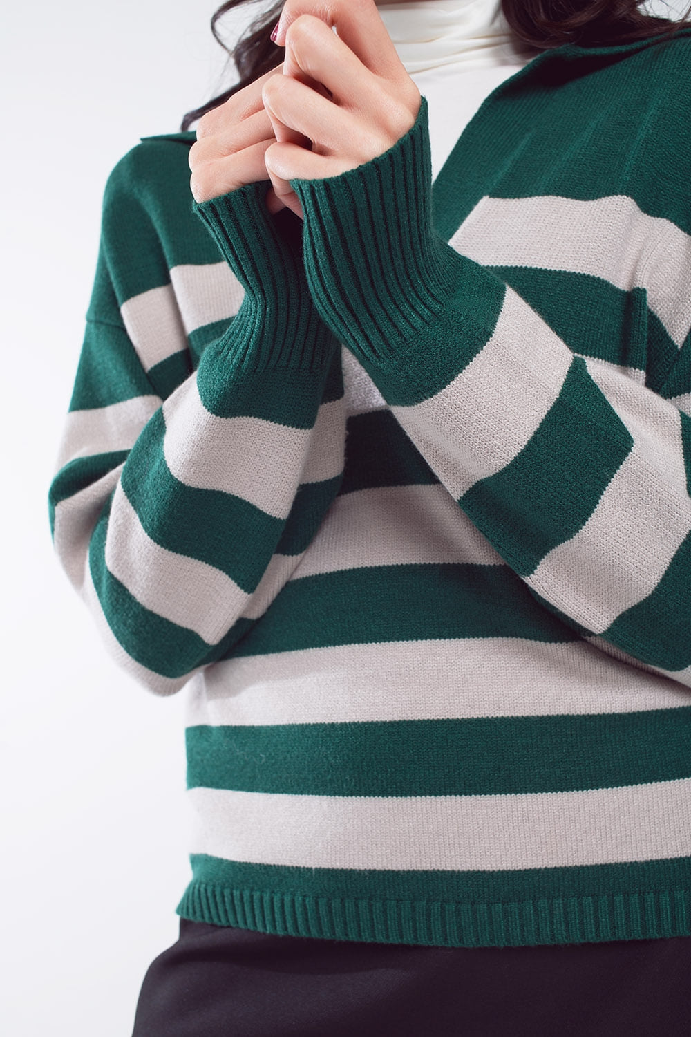 Green and white striped sweater with V neck and polo collar