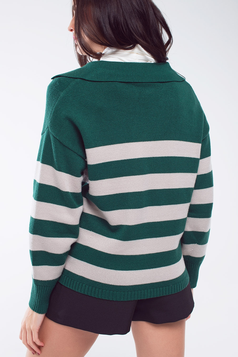 Green and white striped sweater with V neck and polo collar