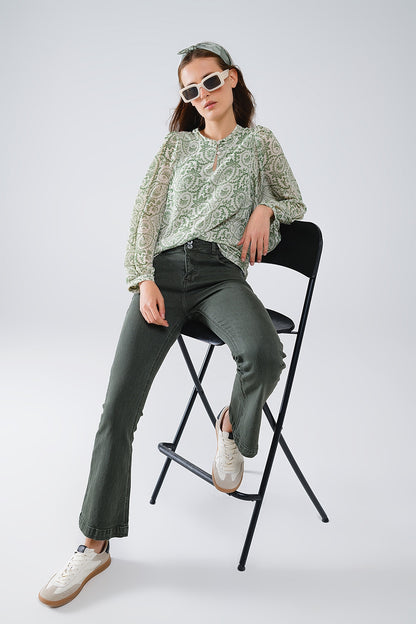 Green chiffon Blouse With Floral Print And Long Balloon Sleeves