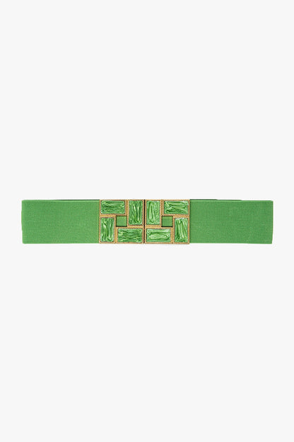 Q2 Green Elastic Belt With Squared Marbled Buckles And Gold Details