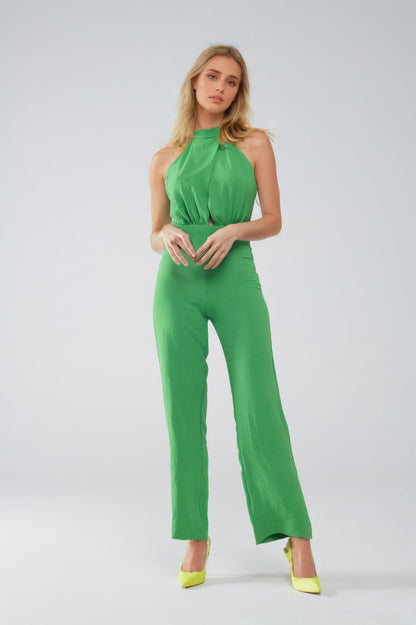 Green Jumpsuit With Crossed Halter Neckline