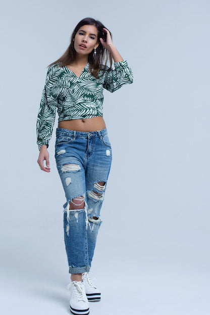 Green leaf print blouse with plunge neck