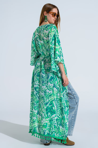 Green Long Kimono With Drawstring Closing in Tribal Print