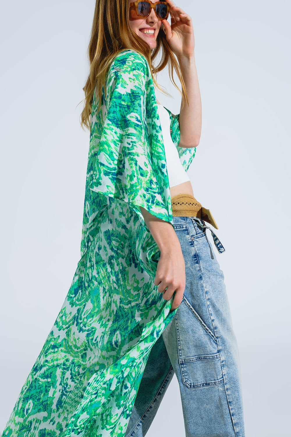 Green Long Kimono With Drawstring Closing in Tribal Print