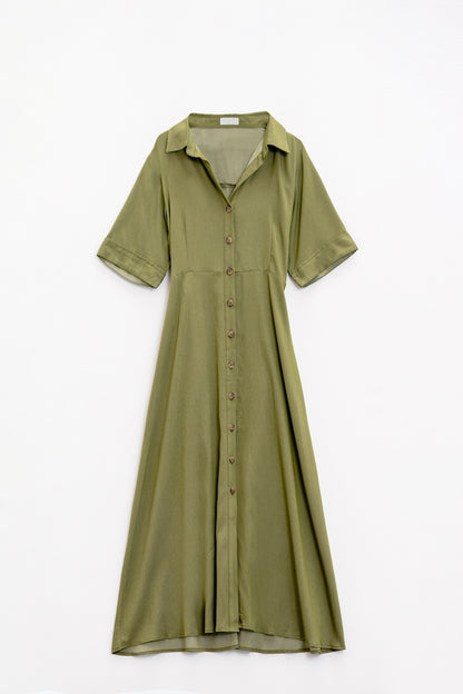 Green Maxi Shirt Dress With Polo Collar