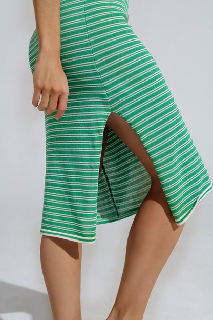 Green Midi Dress With Stripes And Spaghetti Straps