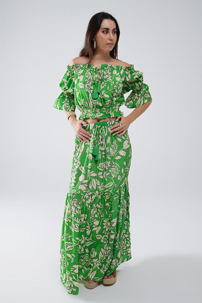 Green Off The Shoulder Top With Elastic Waist in Floral Print