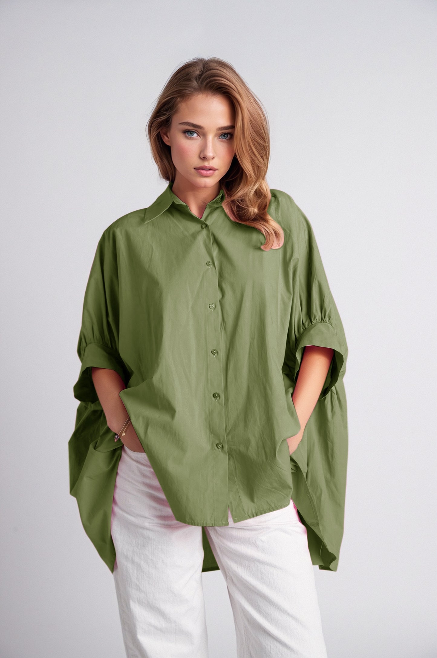 Green oversized blouse with short sleeve