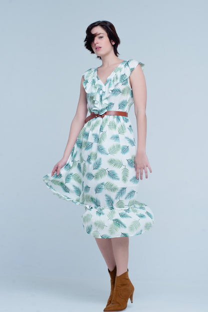 Green Printed Midi Dress with Ruches