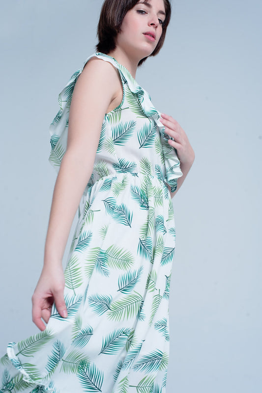 Q2 Green Printed Midi Dress with Ruches