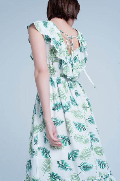 Green Printed Midi Dress with Ruches