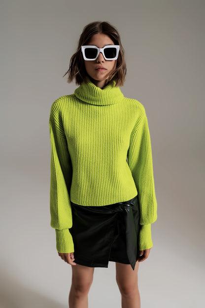 green ribbed knit turtleneck jumper with balloon sleeves